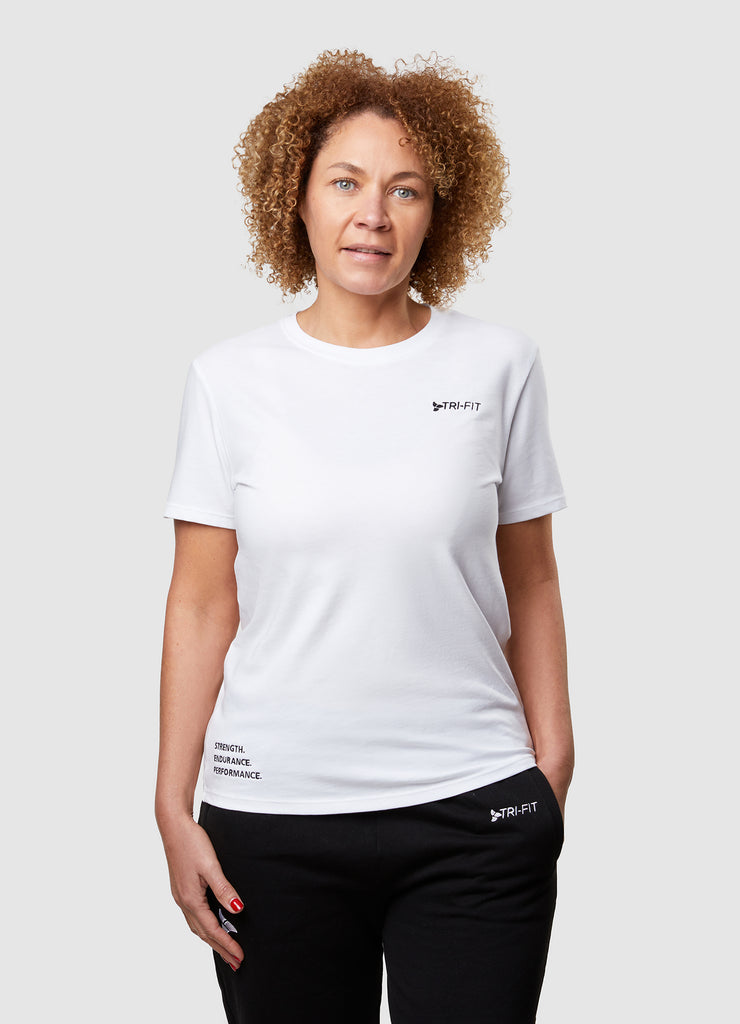 Woman wearing TRI-FIT Casualwear white cotton T-Shirt.