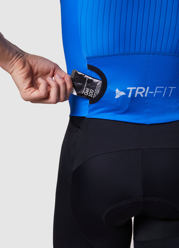 Man wearing a TRI-FIT EVO NEXT GEN BLUE triathlon suit on a white background with