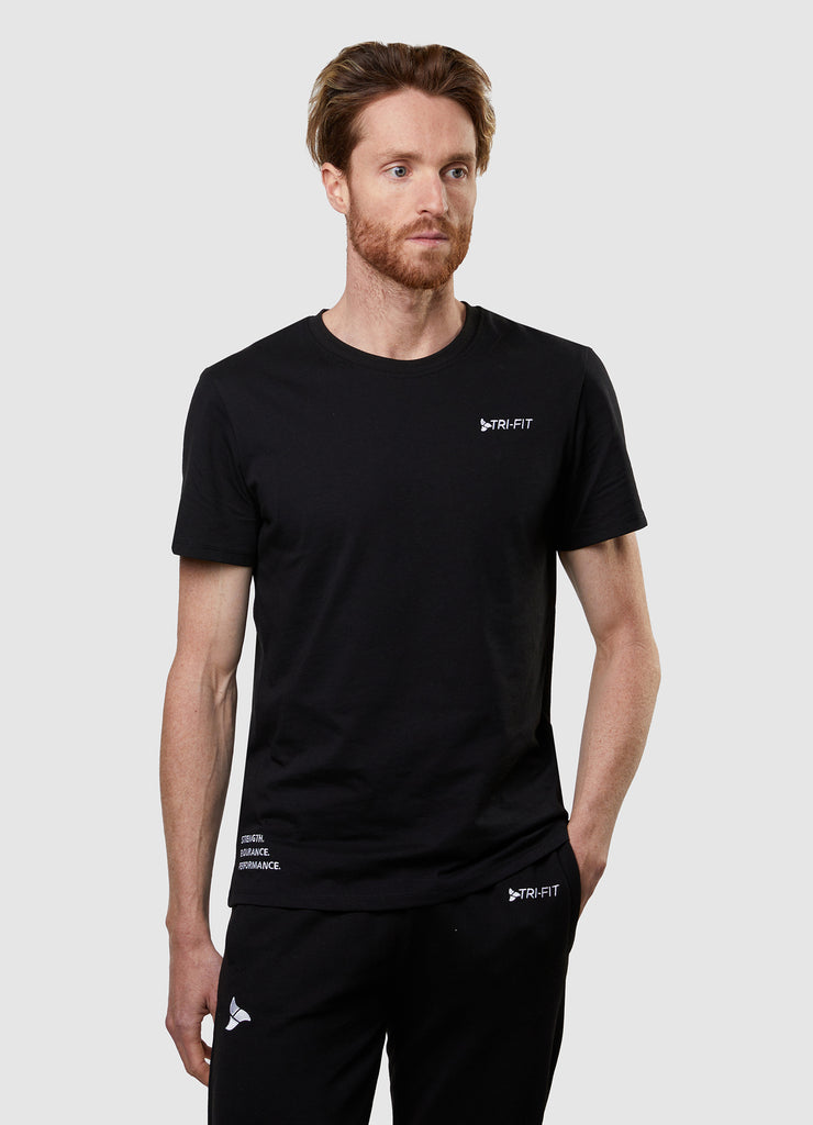 Man wearing TRI-FIT Casualwear black cotton T-Shirt.