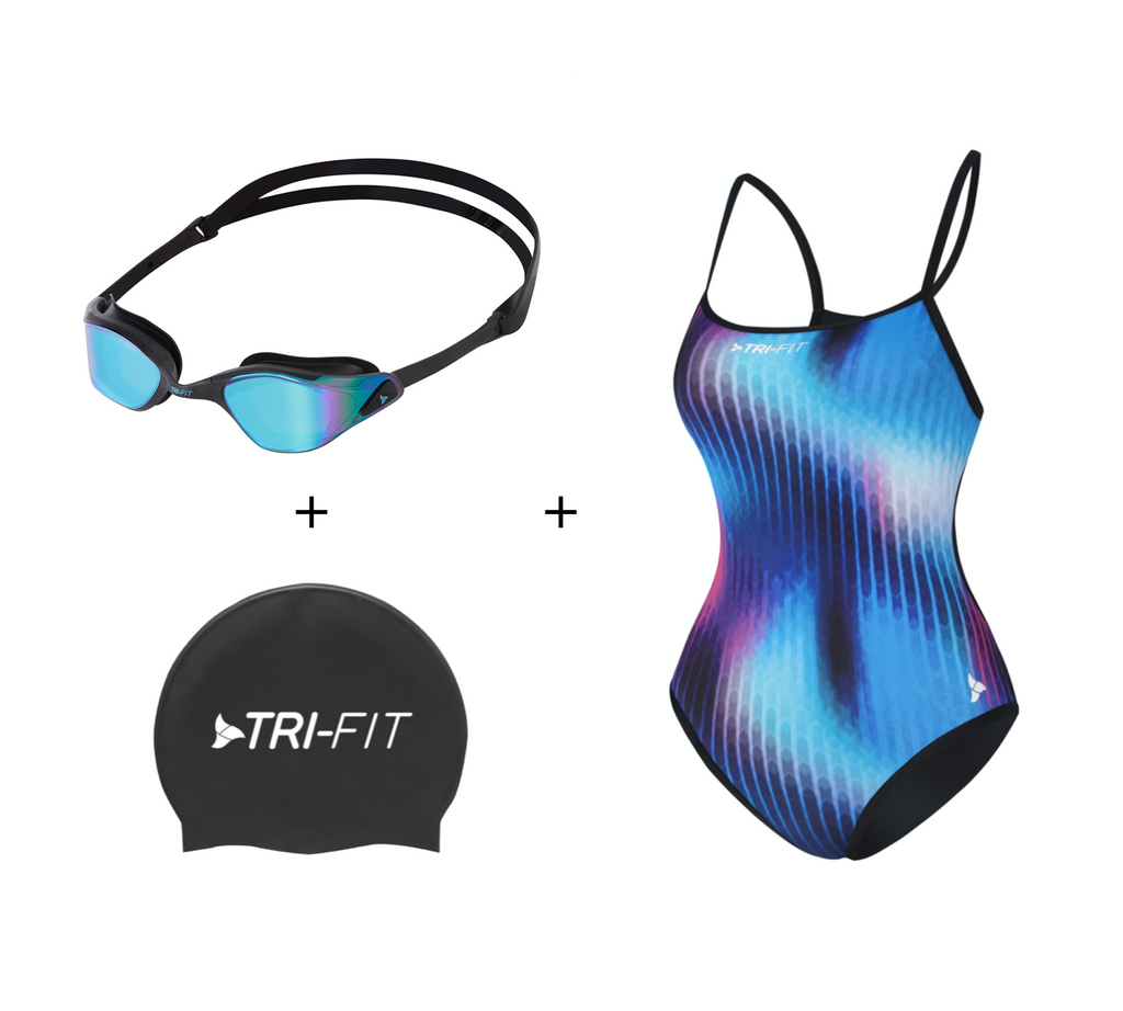 Women's PROPEL Reversible Swimsuit bundle, showing PROPEL Swimsuit, PROPEL Goggles, and lack Swim Cap