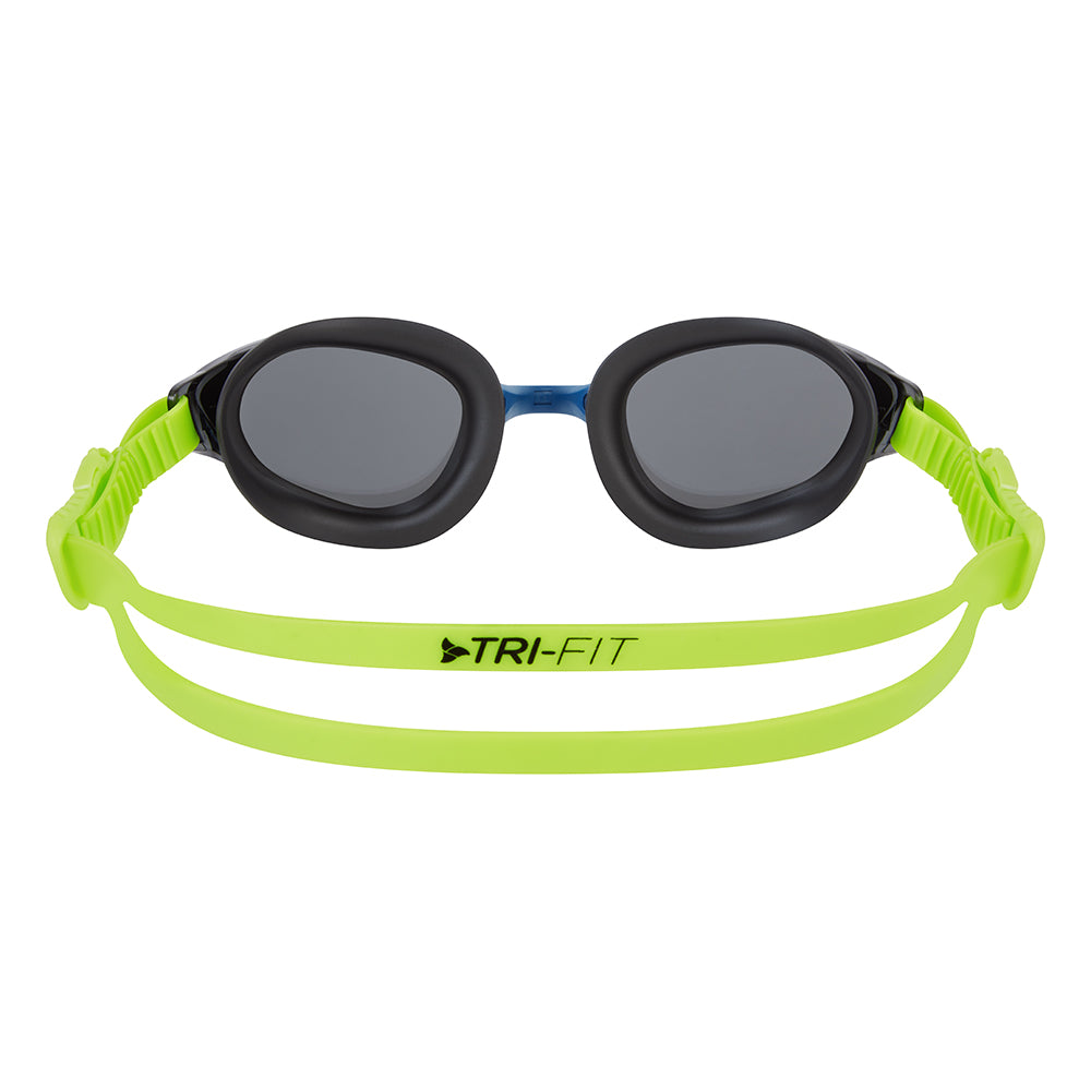 TRI-FIT VOLT swim goggles with black and blue frame and silver mirrored lenses on a white background. 220 Triathlon Best on Test & TRI247 95%