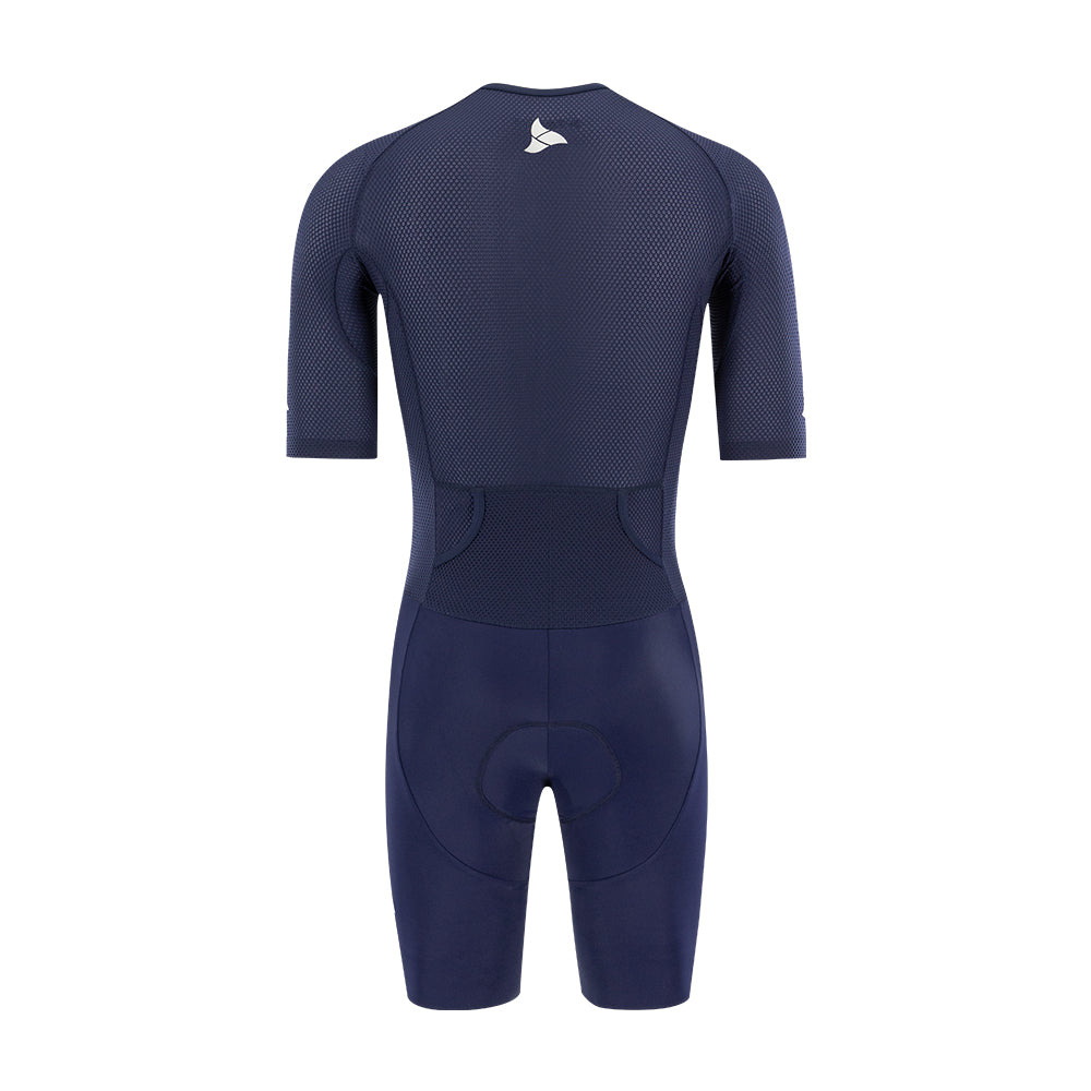 Back view of men’s VANGUARD tri-suit in navy, showing dual rear pockets and anatomical panel layout