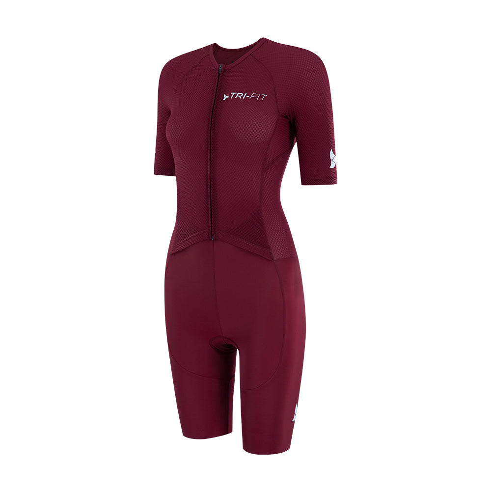 Side angle of TRI-FIT women’s VANGUARD tri-suit in wine red showing ergonomic fit and panel shaping