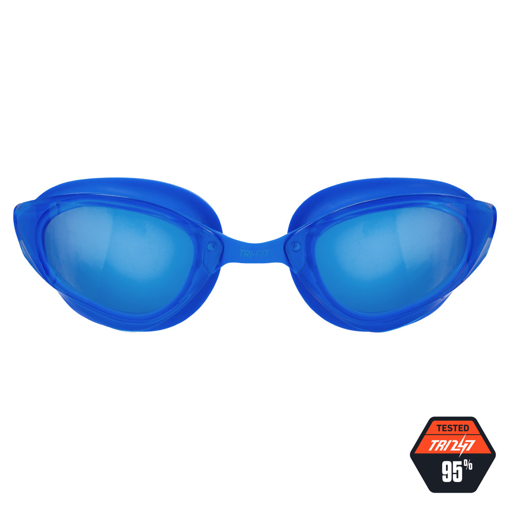 TRI-FIT VOLT Blue swim goggles with Blue frames on a white background, featuring the 'TRI-FIT' logo.
