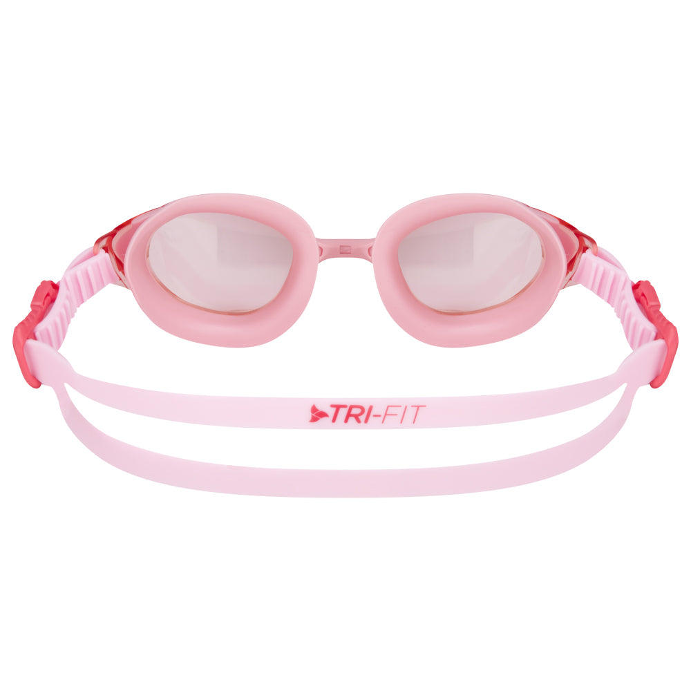 TRI-FIT VOLT Pink swim goggles with pink frames on a white background, featuring the 'TRI-FIT' logo.