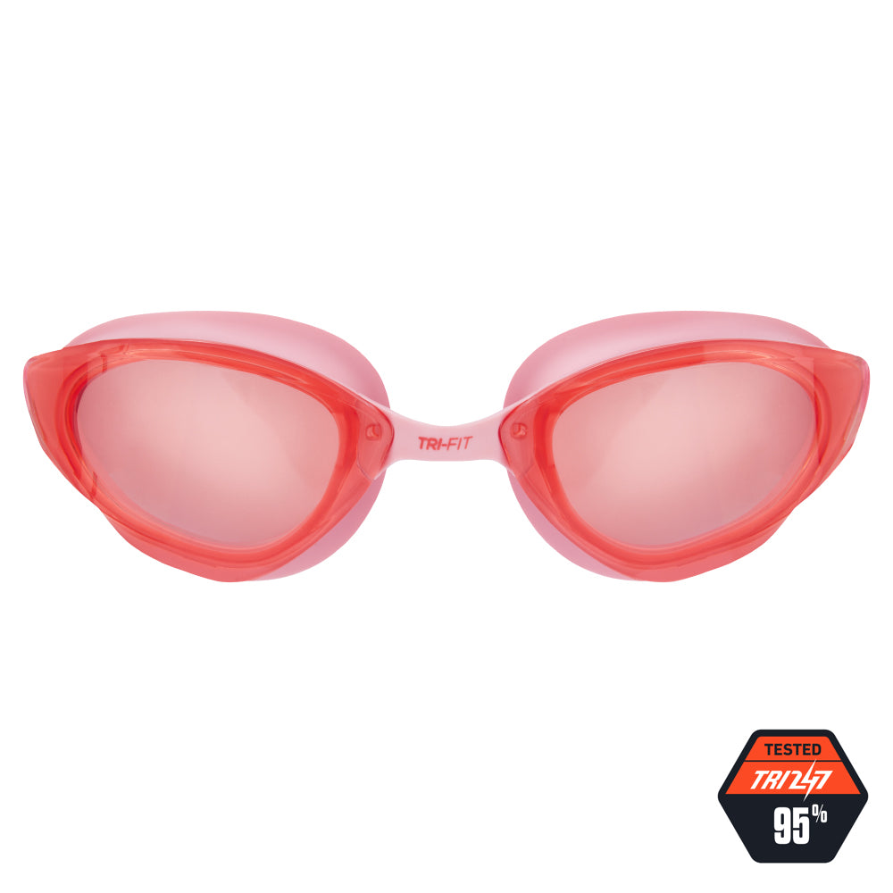 TRI-FIT VOLT Pink swim goggles with pink frames on a white background, featuring the 'TRI-FIT' logo.