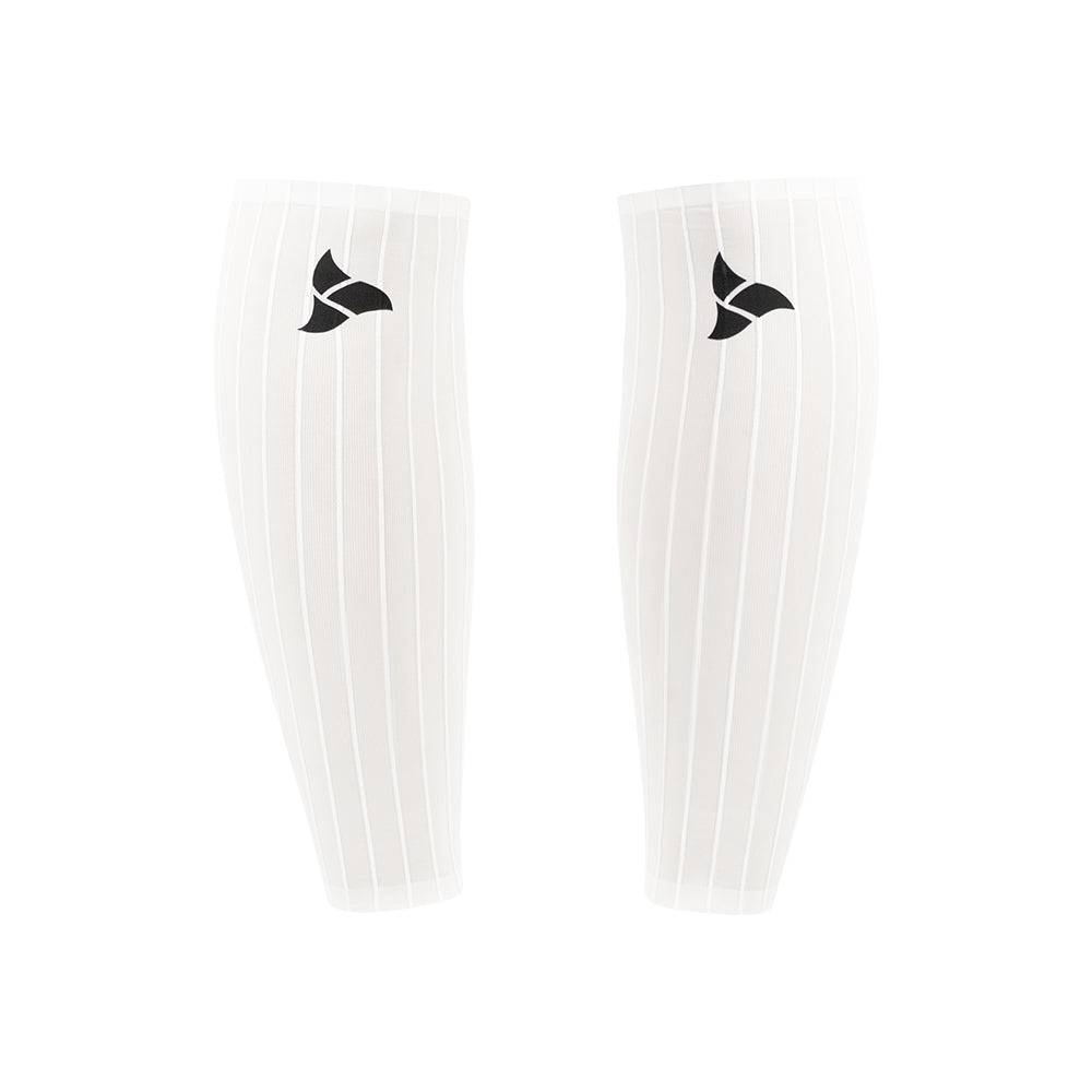  Front view of black VORTEX Calf Sleeves showing aerodynamic cut and ribbed aero fabric construction.