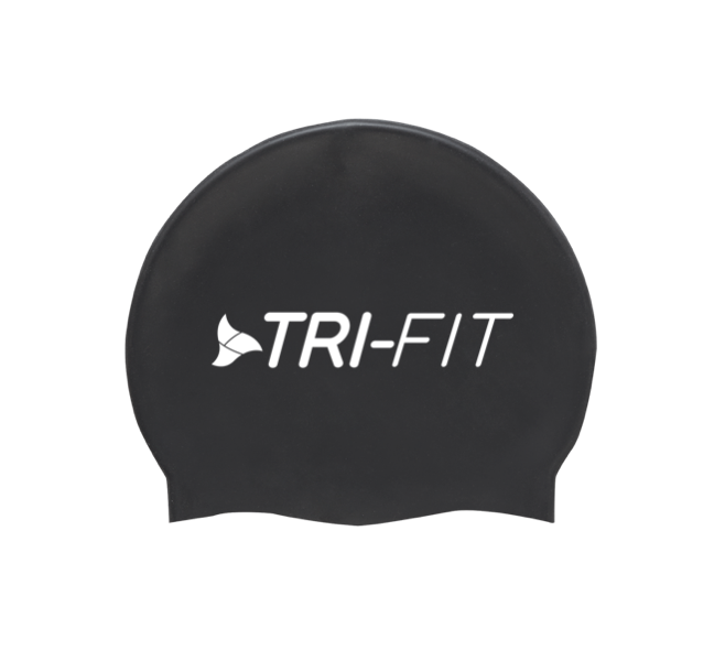 black tri-fit swim cap showing text and logo in white